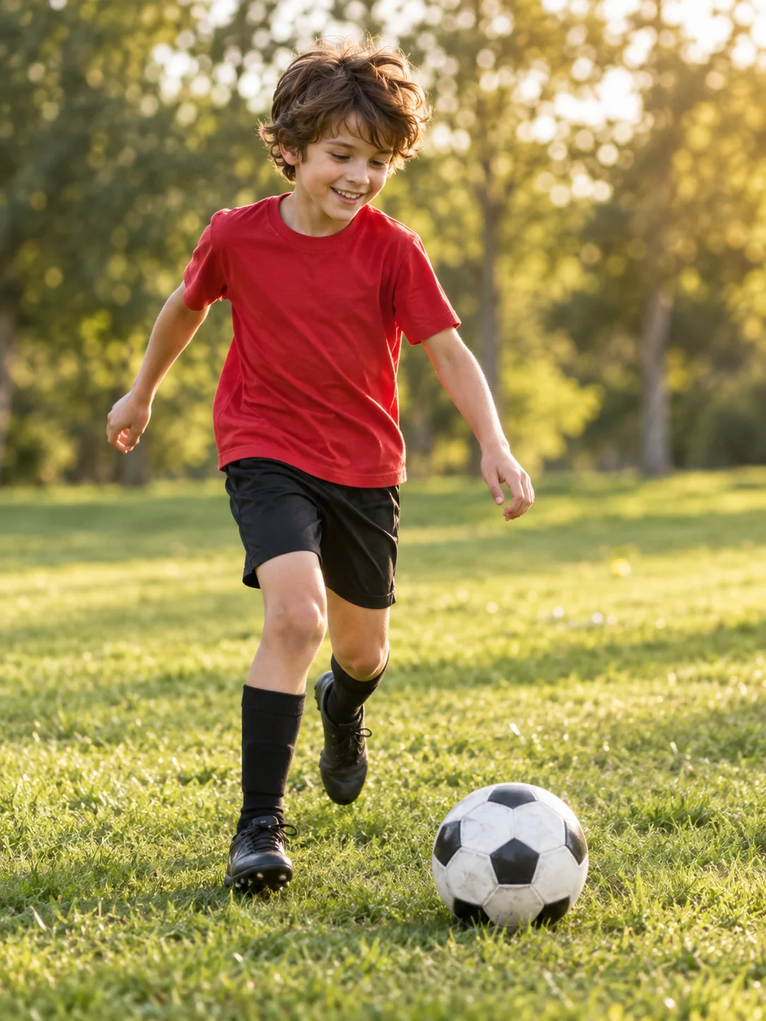Ein Kind spielt auf einer Wiese Fussball.
